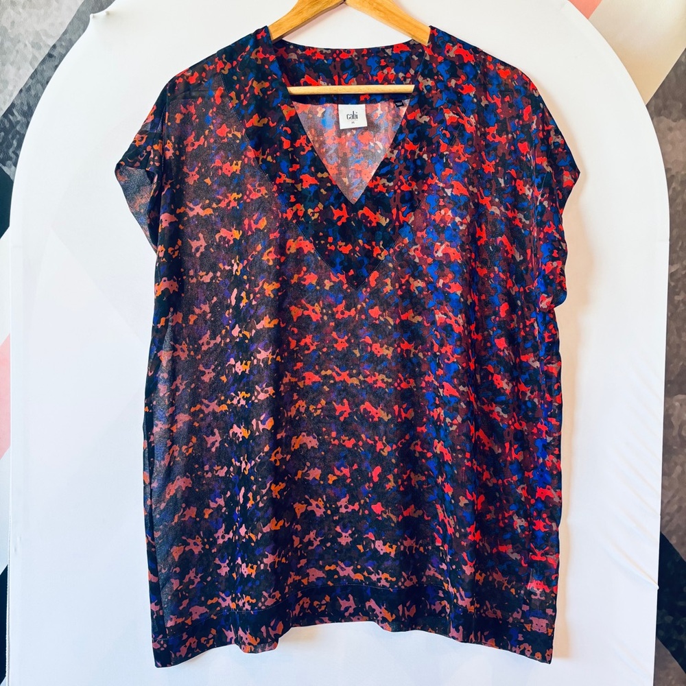 CAbi Women's V-Neck Blouse - Red and Blue Pattern